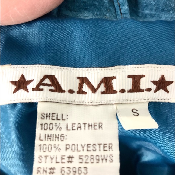 AMI Small Turquoise Blue 100% Leather Washable Suede Full Zip Collar Jacket NWT - Picture 3 of 8
